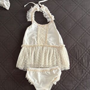 Ivory Lace-Trim Peplum Tankini swimsuit